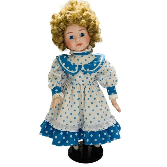Designs by Yoko Porcelain Doll Blue Polka Dot Dress Girl 16" State Fair Edition - Picture 2 of 11